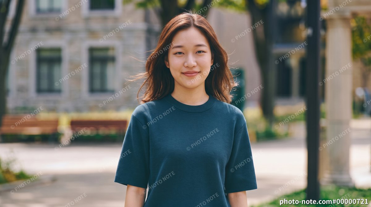 大学のキャンパスで笑顔を見せるアジア人女性
