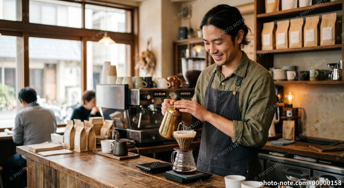 カフェでコーヒーをドリップする男性