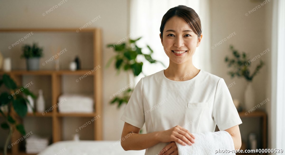 エステサロンでタオルを持つ女性セラピスト