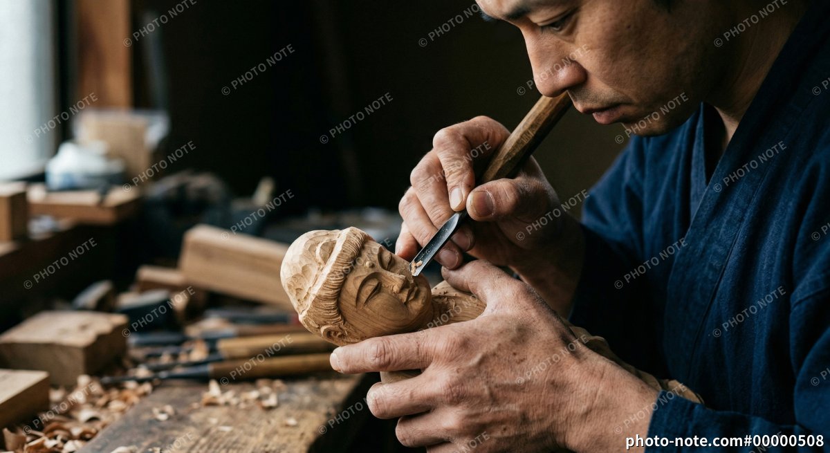 仏像を彫る仏師の集中する表情と手作業