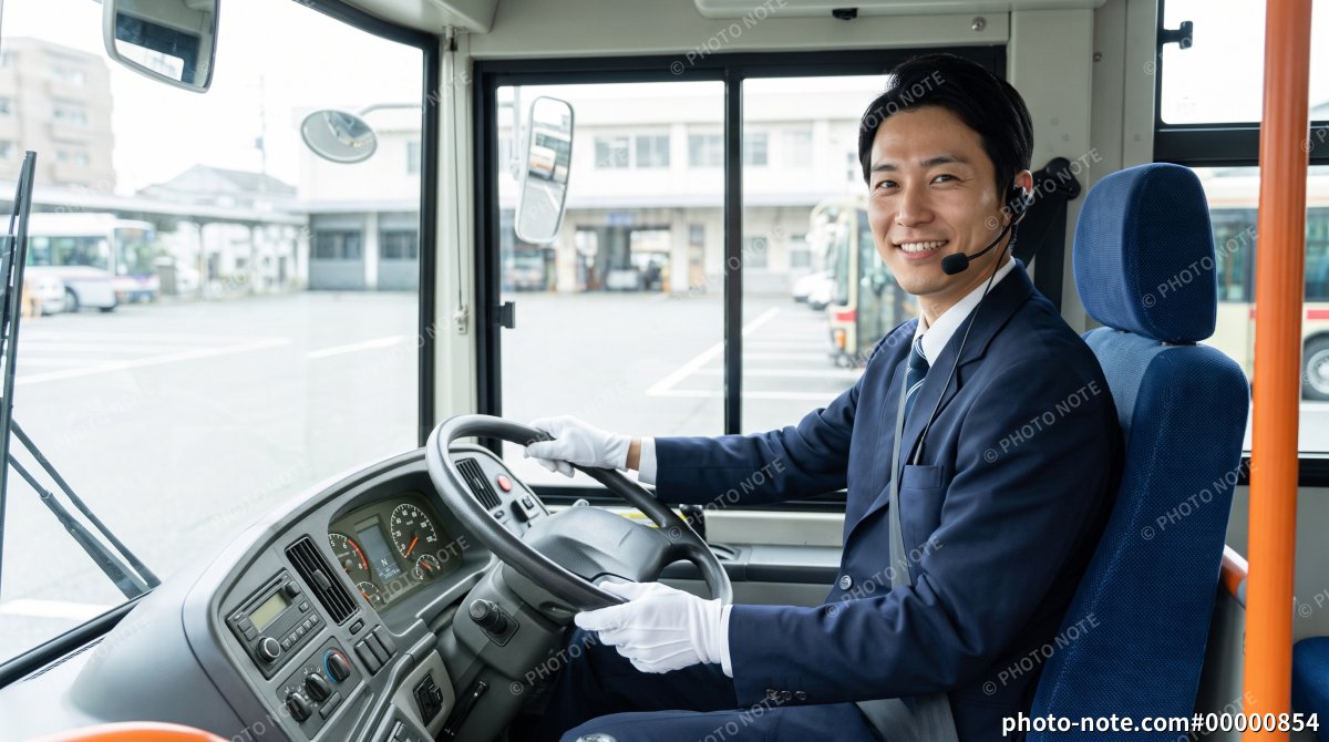 笑顔で運転席に座る男性バス運転手