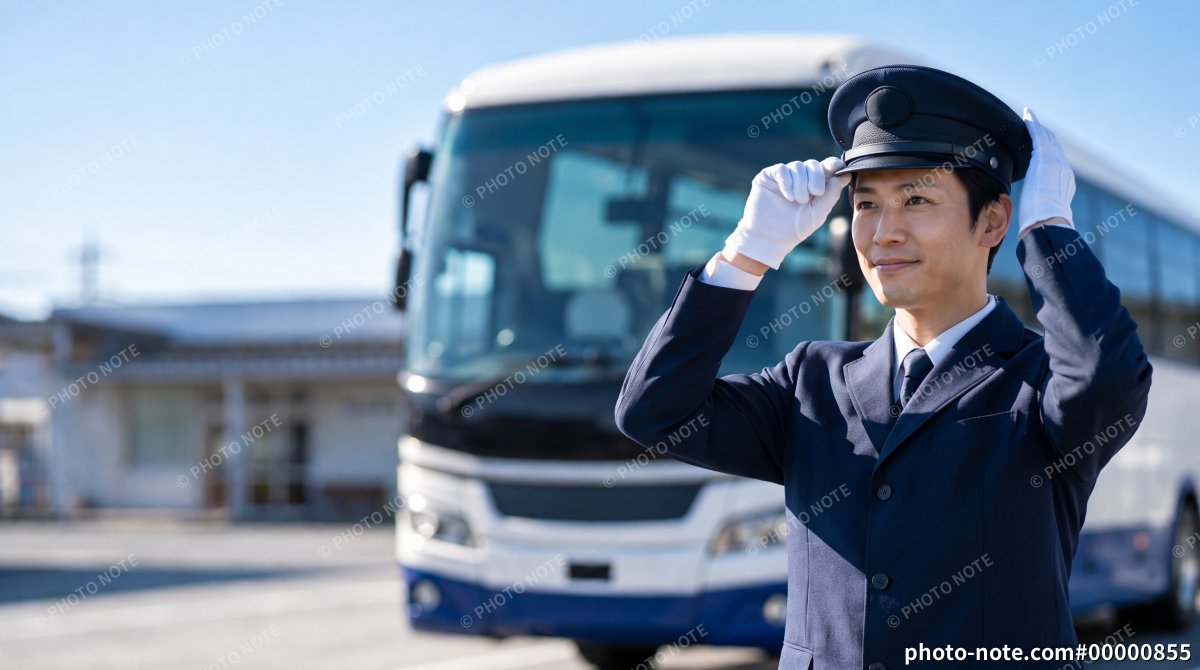バスターミナルで帽子に手を添える笑顔の男性バス運転手