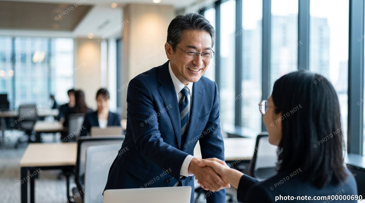 オフィスで握手をするスーツの男性