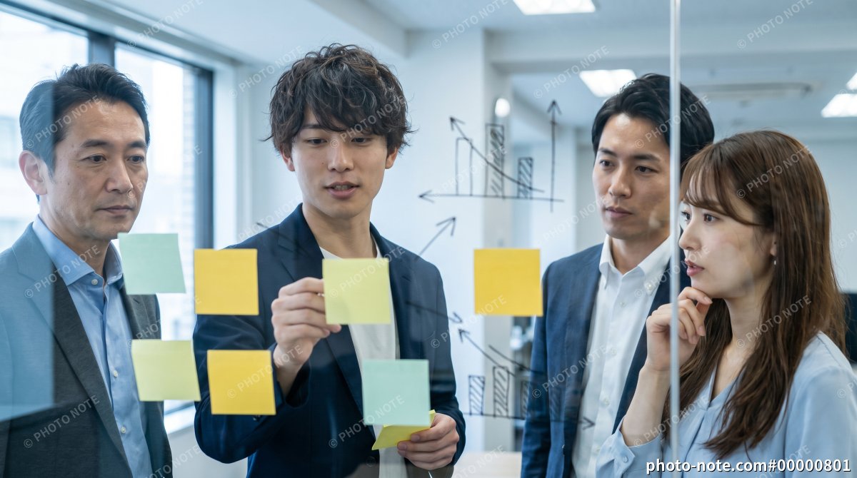 企画会議する企業のチームとブレインストーミングの様子