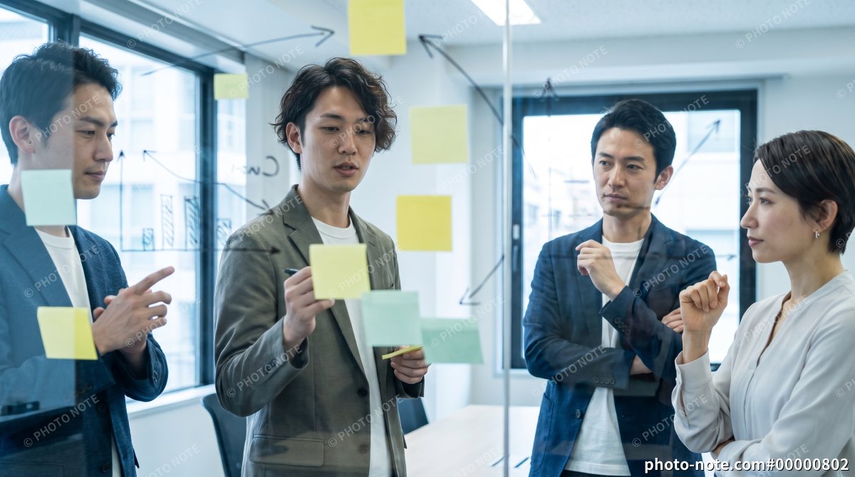 企画会議する企業のチームとブレインストーミングの様子