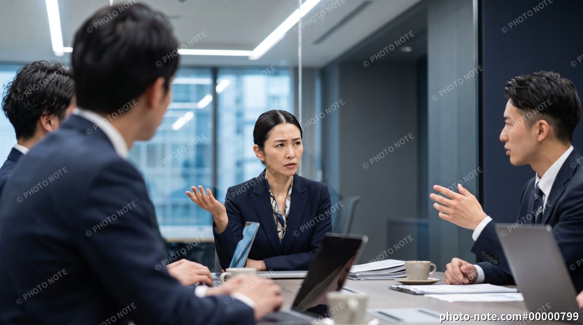 会議室で意見を交わす日本企業のビジネスチームと女性管理職