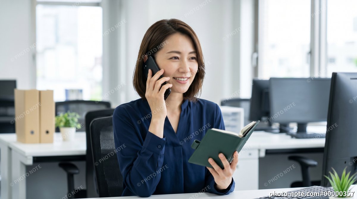 スケジュールを確認しながら電話をするスーツの女性