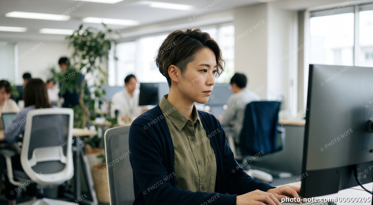 オフィスでPCを操作するオフィスカジュアルの女性