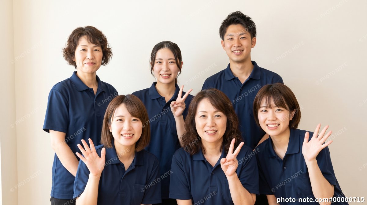 介護施設や保育園で働くスタッフの男女グループ