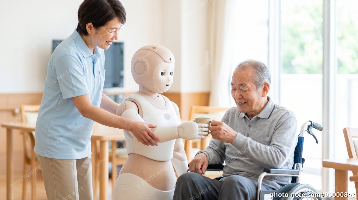 介護施設で高齢者の生活を支援するヒューマノイドロボットと介護士