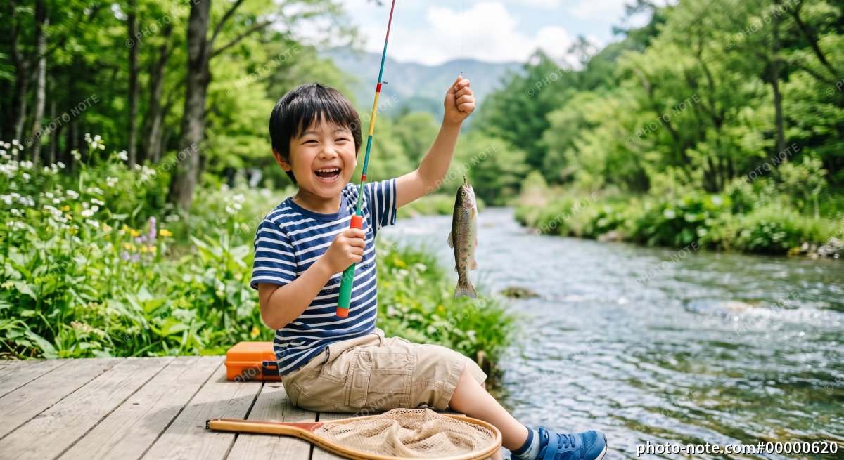 自然の中で魚釣りをして遊ぶ子供 キャンプ・アウトドア