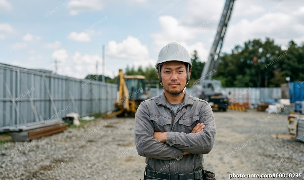 建設現場に腕組みをして立つ土木作業員の男性