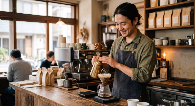 カフェでコーヒーをドリップする男性