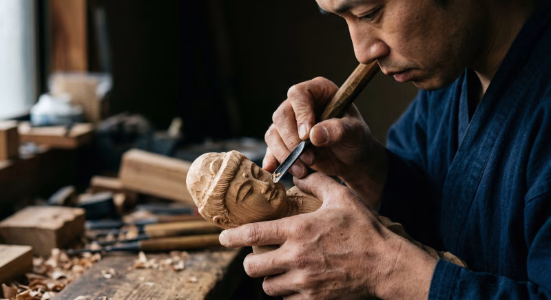 仏像を彫る仏師の集中する表情と手作業