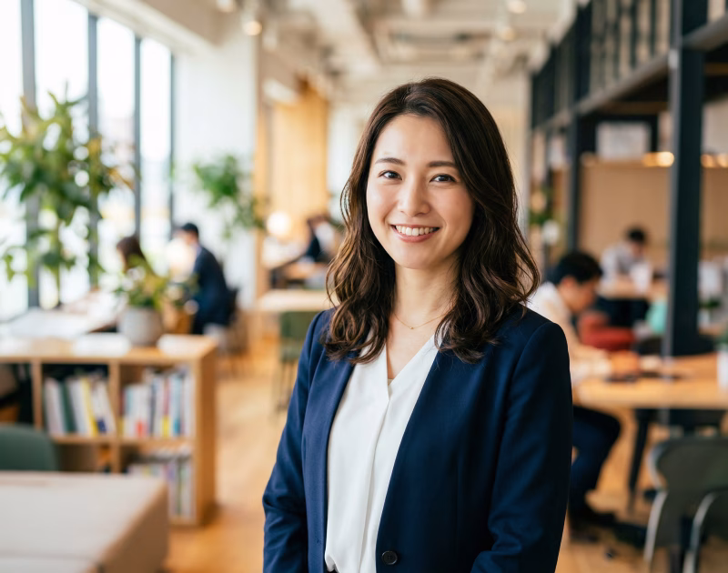 コワーキングスペースで働く笑顔の日本人女性ビジネスパーソン