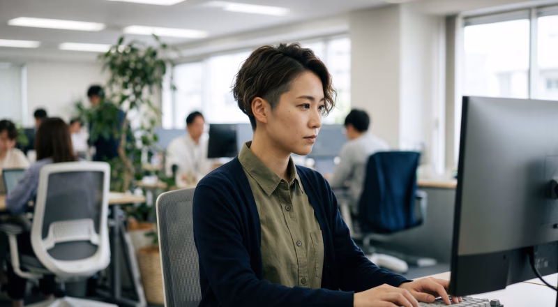 オフィスでPCを操作するオフィスカジュアルの女性