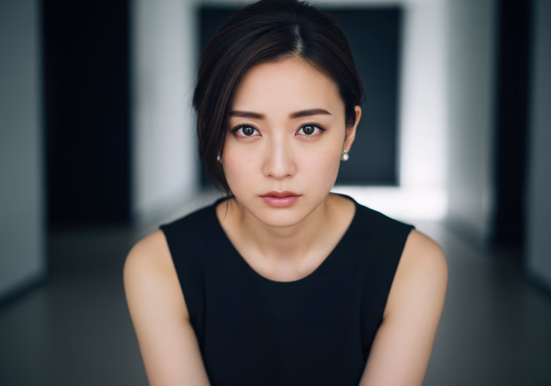 真剣な表情でカメラを見つめる日本人女性のクローズアップ