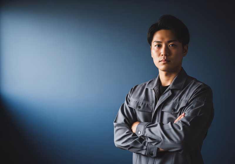 腕組みをして正面を見据える男性作業員