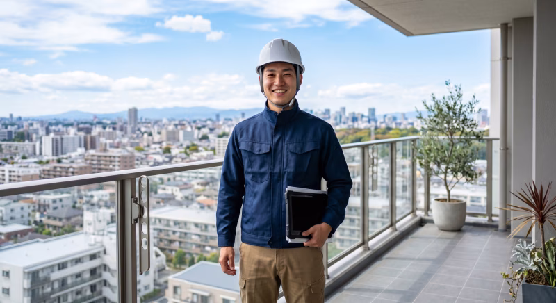 マンションのベランダに笑顔で立つ施工管理、現場監督の男性