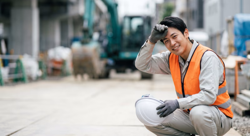 休憩時間にヘルメットを持ちしゃがんで汗を拭う建設現場の男性作業員