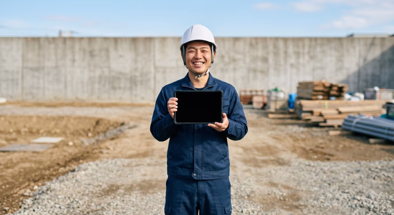 建設業のDXイメージ、タブレットを画面を見せる男性作業員