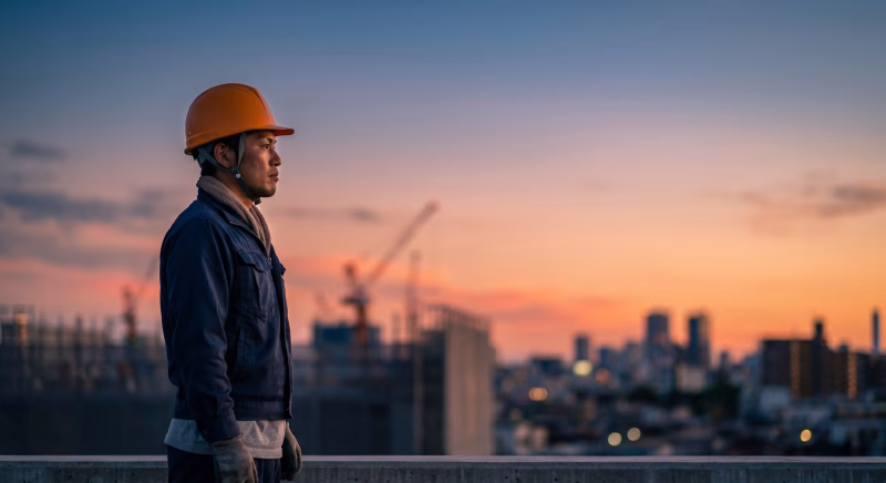 夕暮れに遠くを見つめる建設作業員の男性
