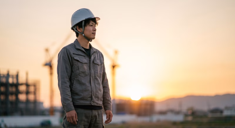 夕日に佇む建設作業員の男性