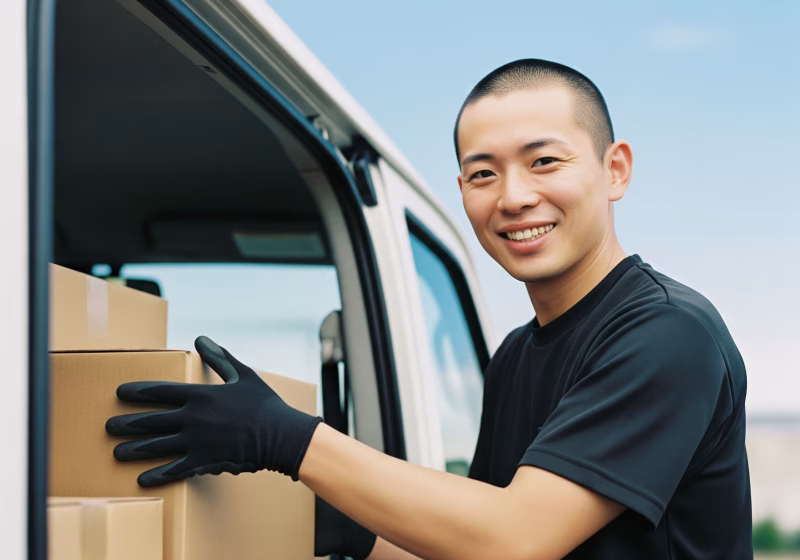 軽バンに荷物を積み込む配送ドライバーの男性