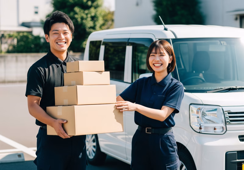 荷物を持つ軽貨物配送ドライバーの男女