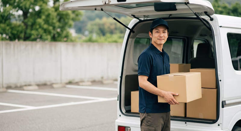 軽バンで荷物を配達する男性ドライバー
