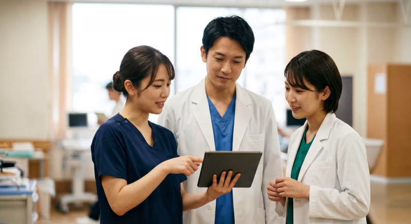 タブレットを見て打合せをする医師と看護師