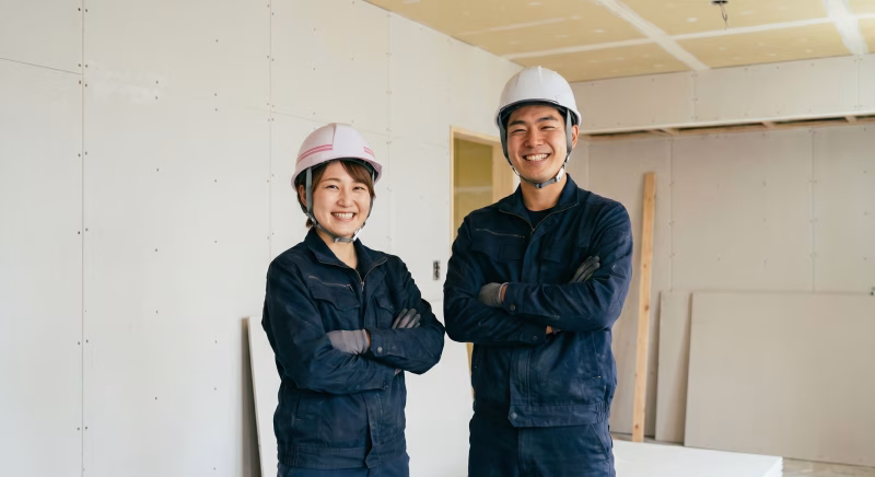 内装工事の作業員 壁・天井のプラスタボード貼り