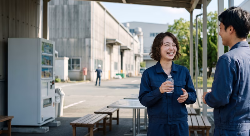 工場の休憩スペースで会話する作業員