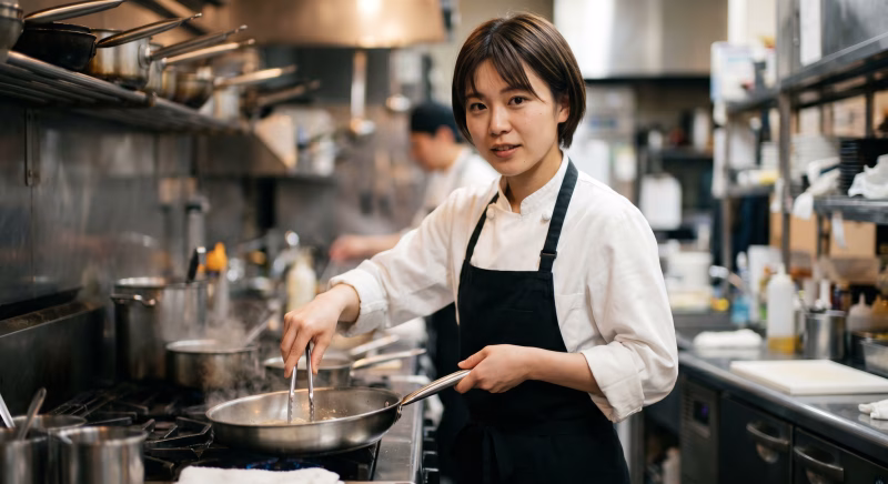 レストランの厨房で料理を作る女性シェフ、キッチンスタッフ