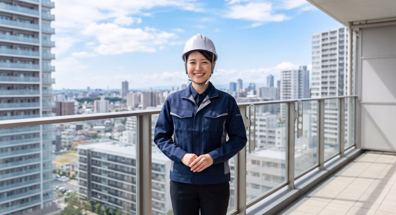 マンションのベランダに笑顔で立つ施工管理、現場監督の女性