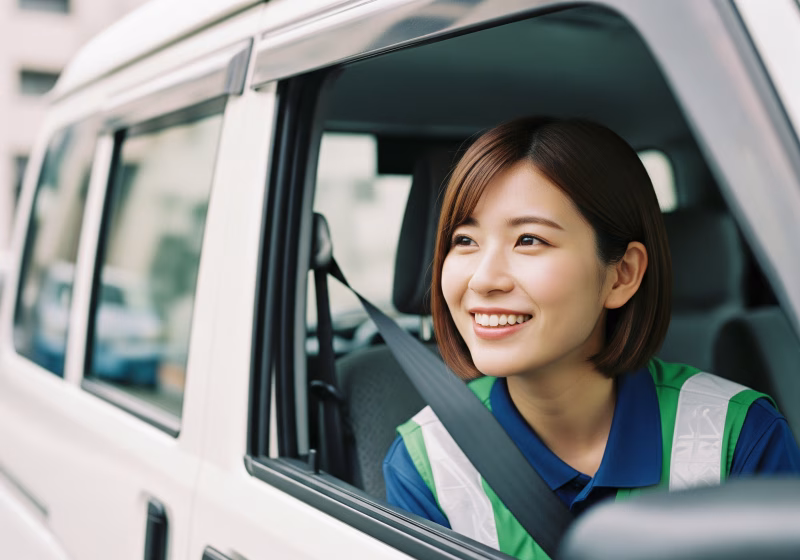 軽貨物トラックの運転席から笑顔を見せる女性ドライバー