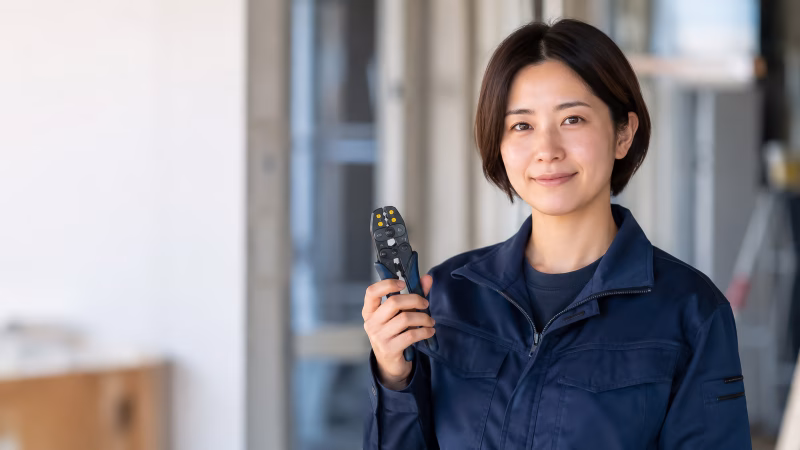 圧着工具を持つ電気工事士の女性