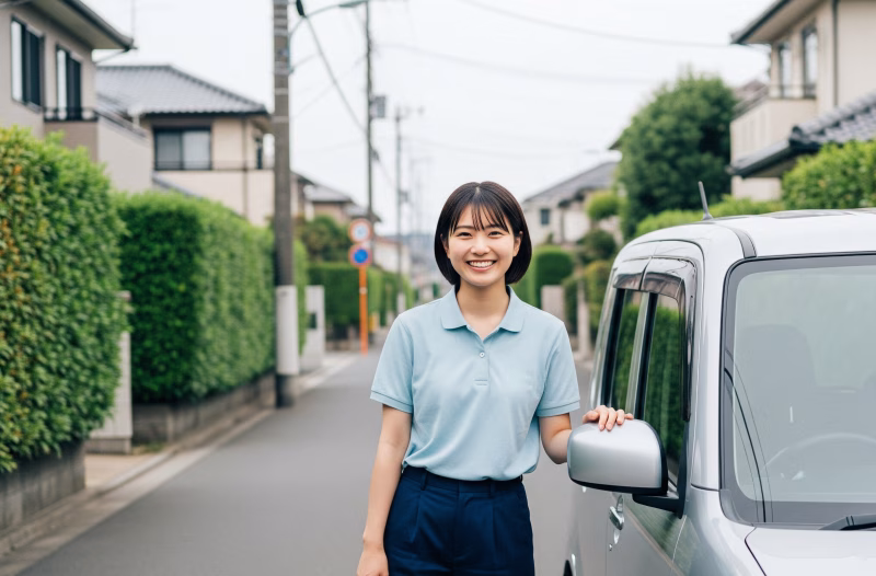 車の横に立つ訪問介護スタッフの女性