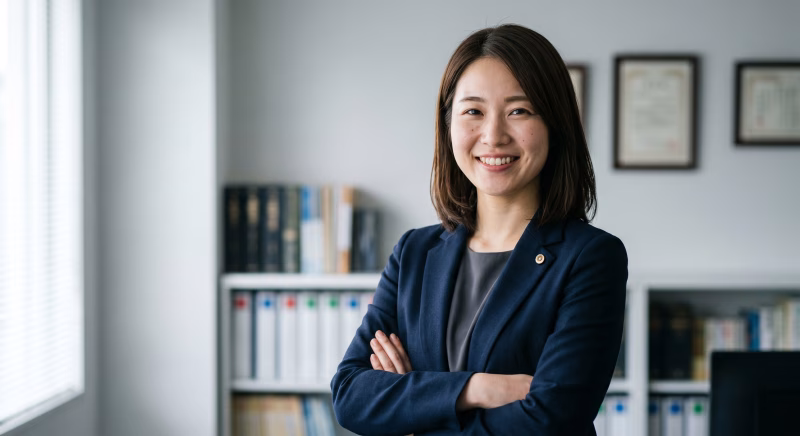 オフィスで腕組みをする弁護士の女性