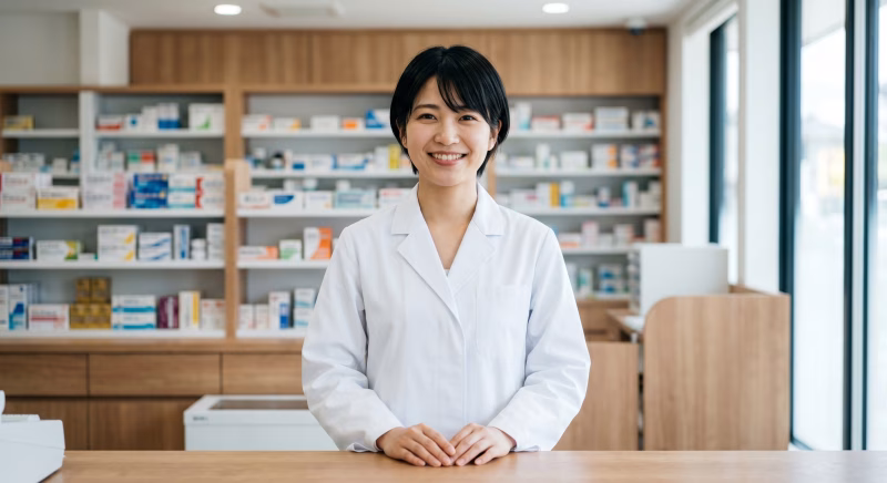 調剤薬局のカウンターに立つ薬剤師の女性