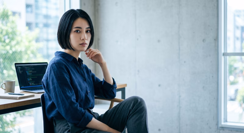 コードが表示されたノートパソコンと若い女性エンジニア