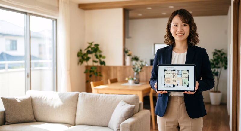 タブレットで間取りの案内をする不動産営業の女性