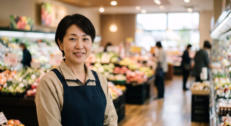 スーパーの売り場に立つ女性店員