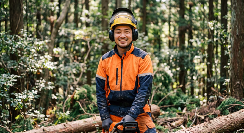 林業で伐採作業をする作業員の男性