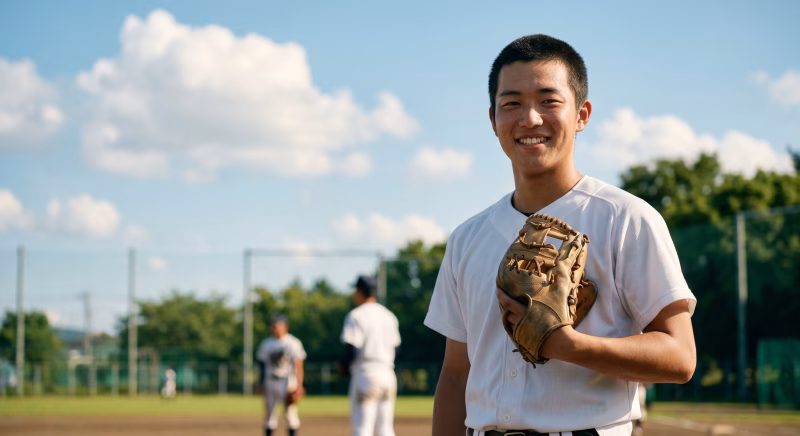 夏の部活動、野球グラウンドで笑顔の男子高校生