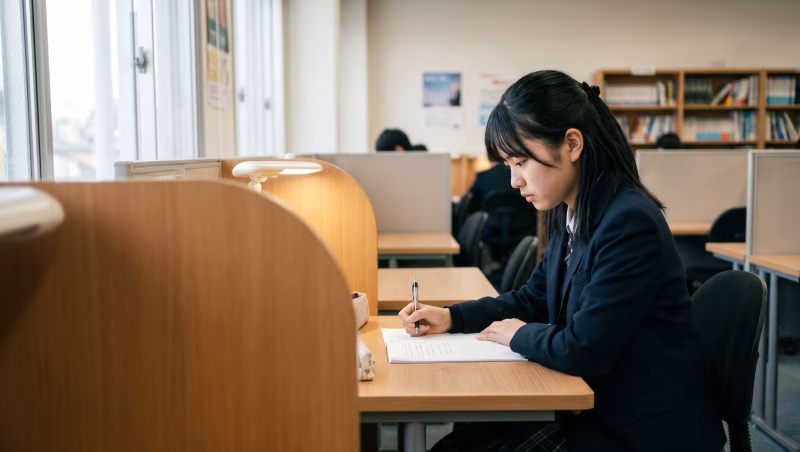 自習室で勉強する女子高生 受験勉強 試験対策
