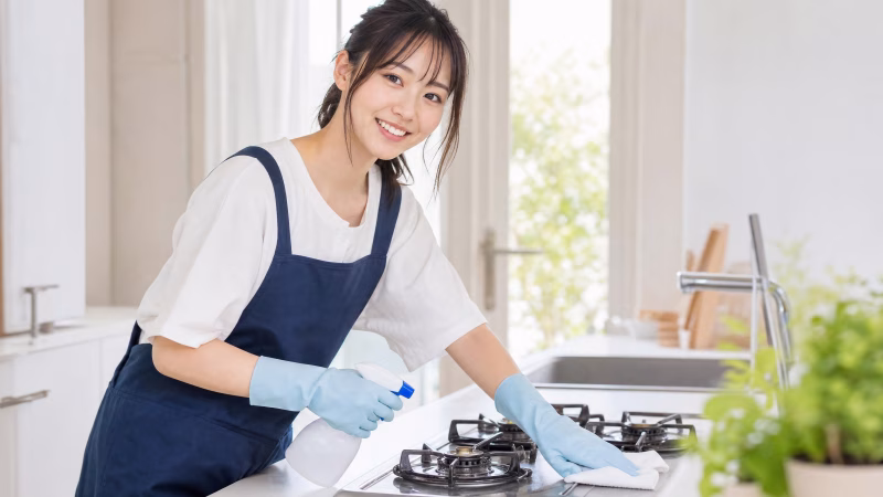 キッチンのハウスクリーニングをする女性