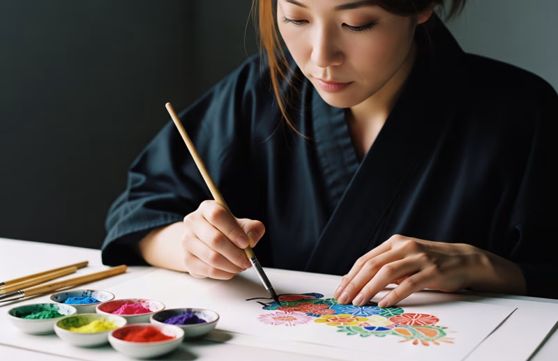 日本画を制作する女性画家