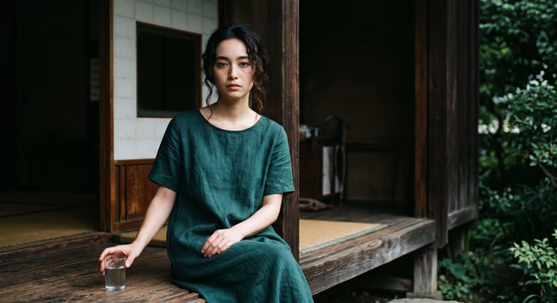 古民家の縁側で水を飲みながら涼む日本人女性
