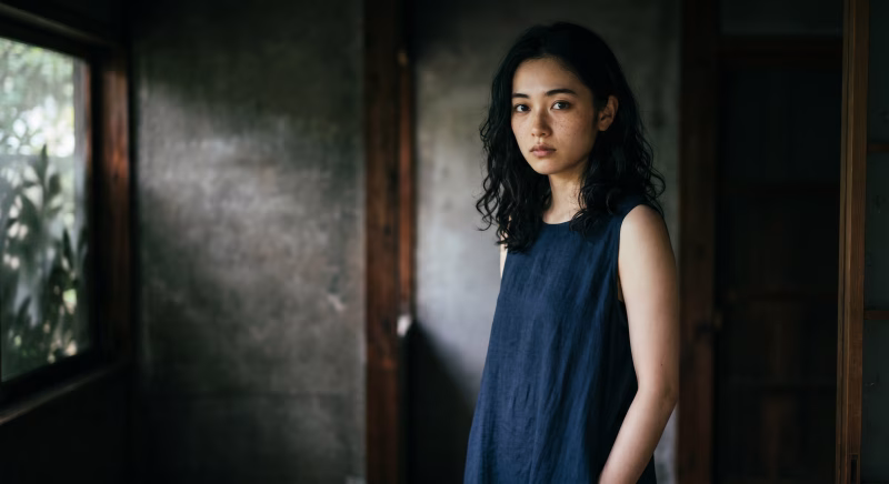 古民家の室内で静かにカメラを見つめるノースリーブ姿の日本人女性